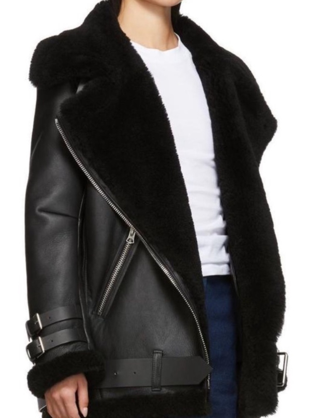 Acne Studios Black Shearling-Trim Leather Biker Jacket